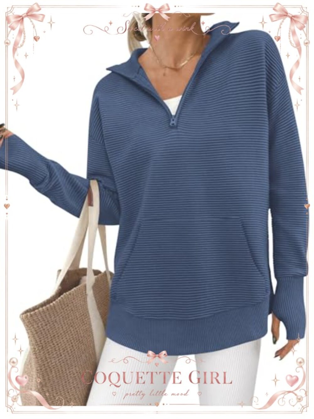 Women V Neck Quarter Zip Ribbed Knit Pullover Sweater Loose Fit